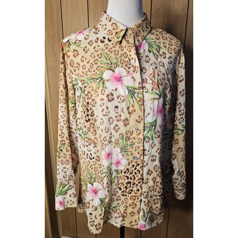 Laura Scott Womens 14 Leopard Floral Tropical Hibiscus Button Blouse Shirt
